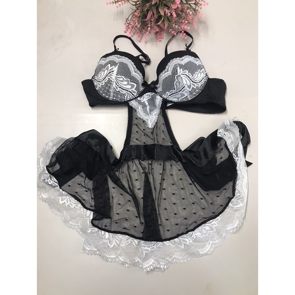Women's French Maid baby doll Padded Bra Sz Smalll Black & White Push Up Sheer
